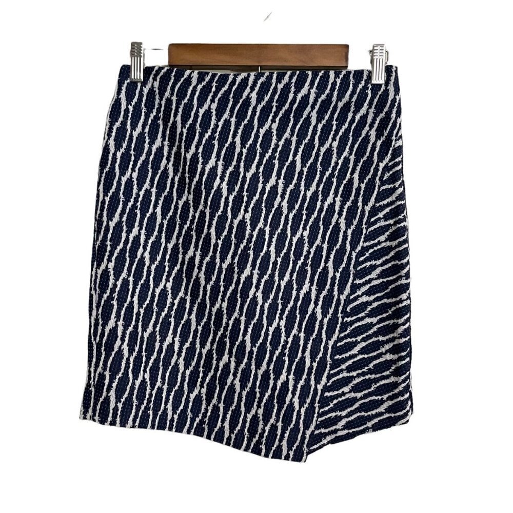 LOFT Womens Blue White Geometric Faux Wrap Asymmetrical Mini Skirt Size 0